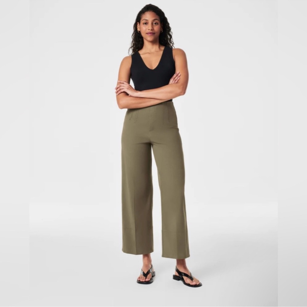 SPANX Stretch Twill Wide Leg Pants Size 1x Tuscan Green Olive Pull On Shaping